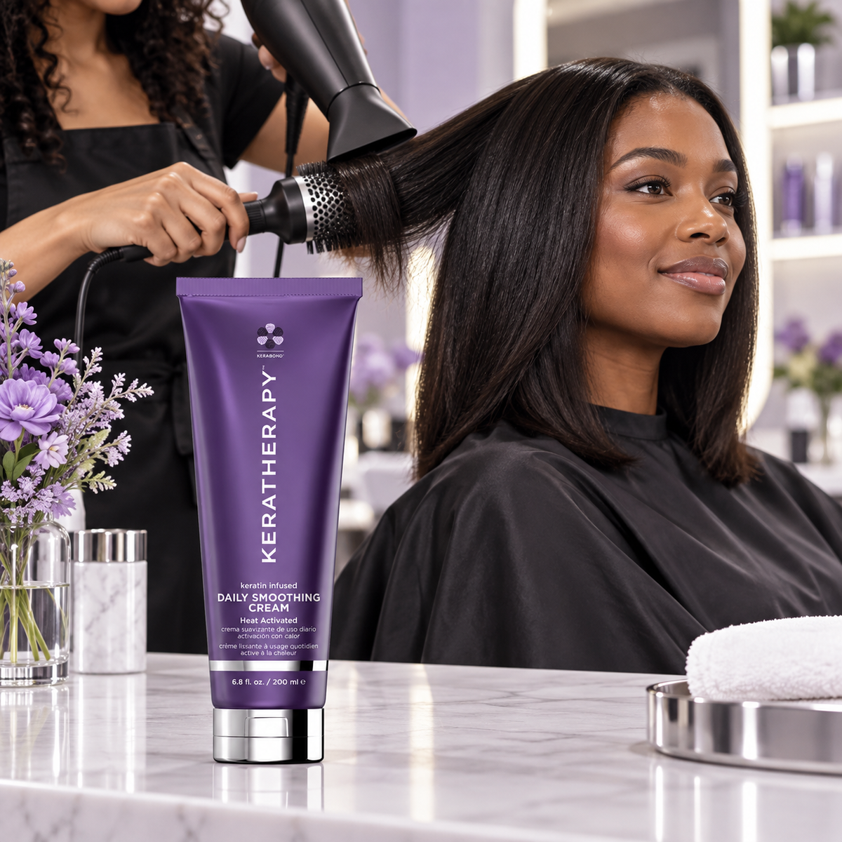AI-created salon lifestyle illustration for Keratherapy Keratin Infused Daily Smoothing Cream.