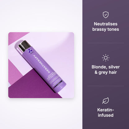 Keratherapy Totally Blonde Violet Toning Shampoo 300ml key benefits infographic