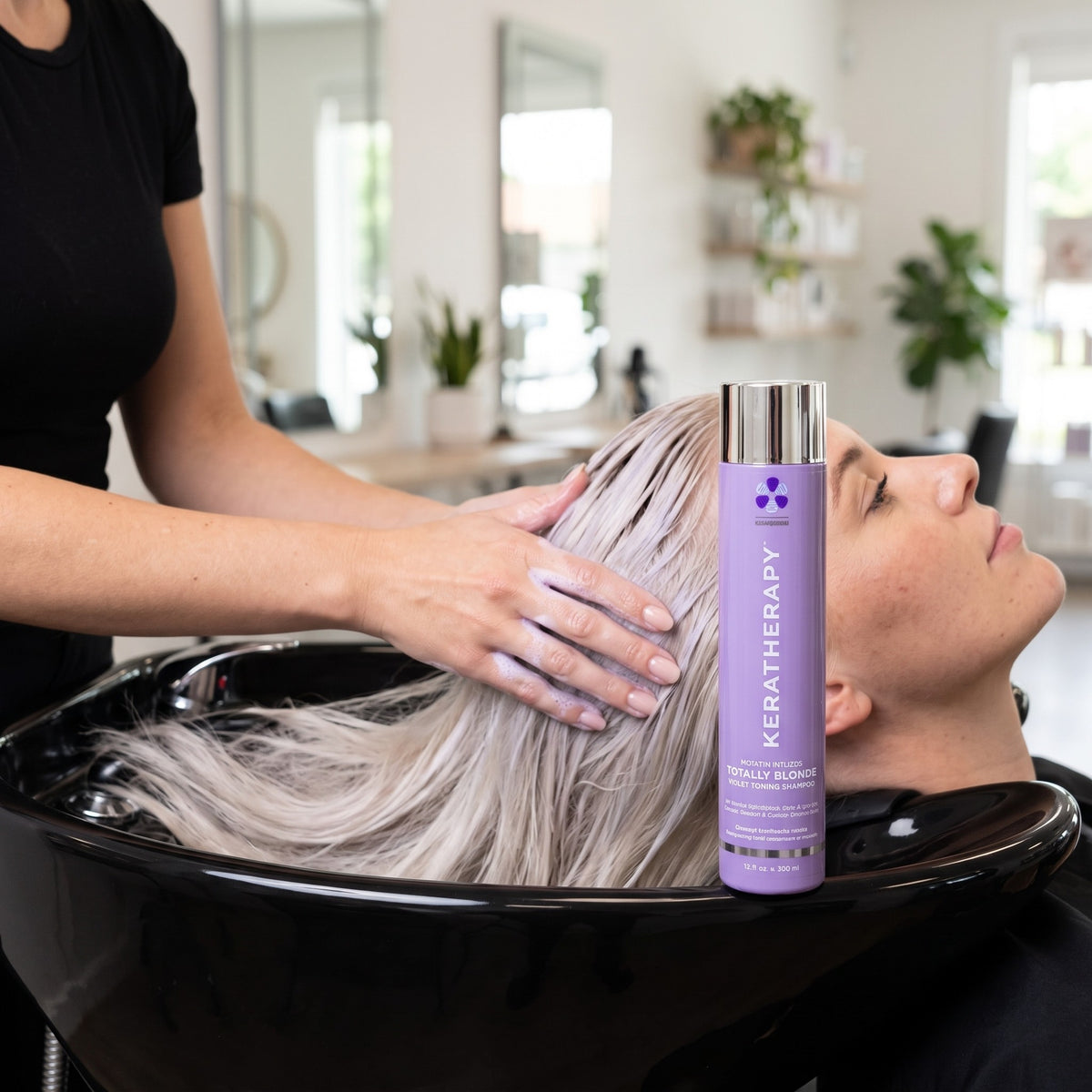 Keratherapy Totally Blonde Violet Toning Shampoo 300ml in use