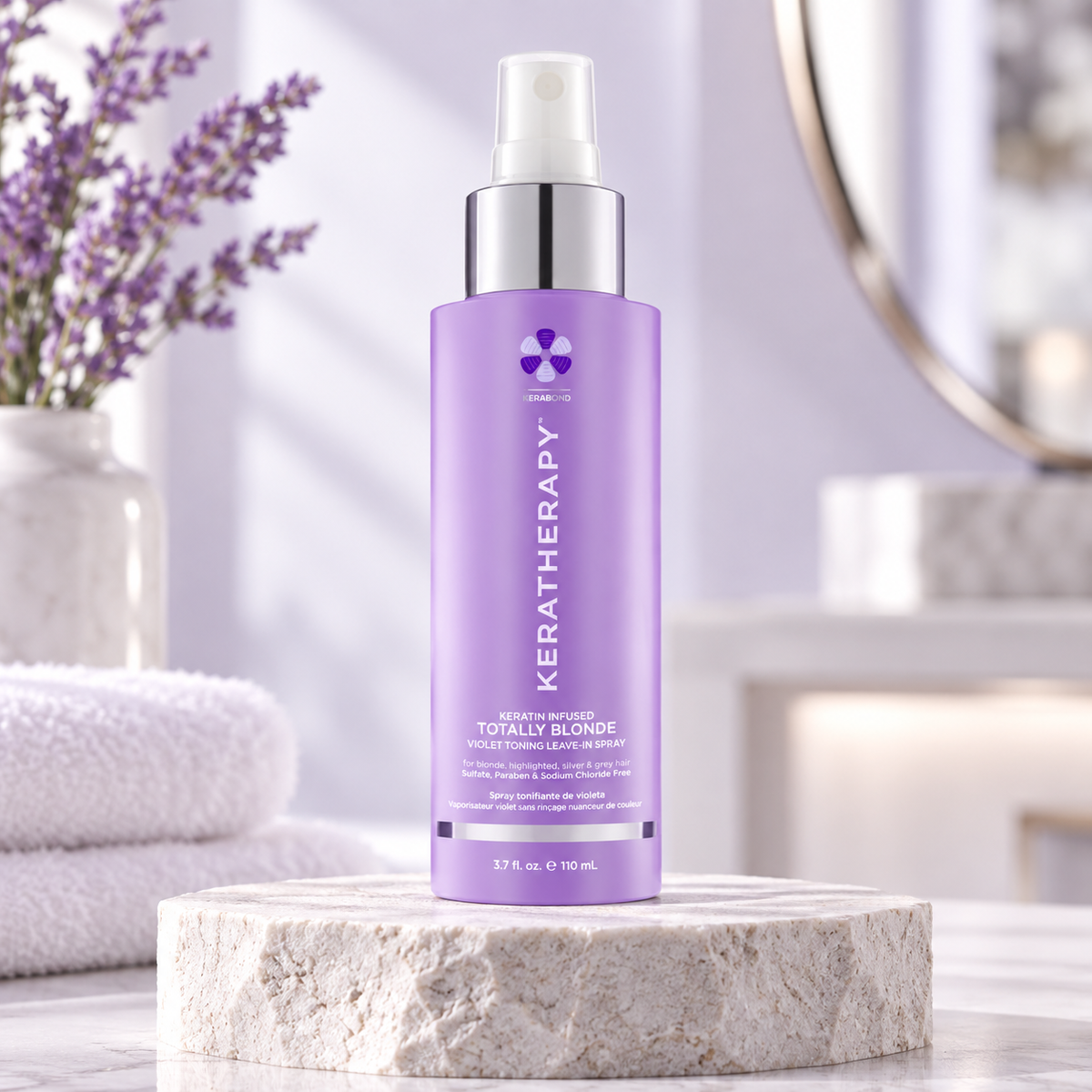 Keratherapy Totally Blonde Violet Toning Leave In Spray 110ml in a styled salon product photograph.