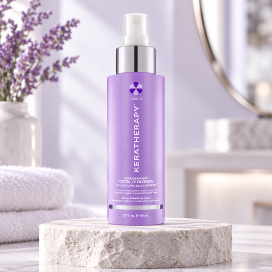 Keratherapy Totally Blonde Violet Toning Leave In Spray 110ml in a styled salon product photograph.