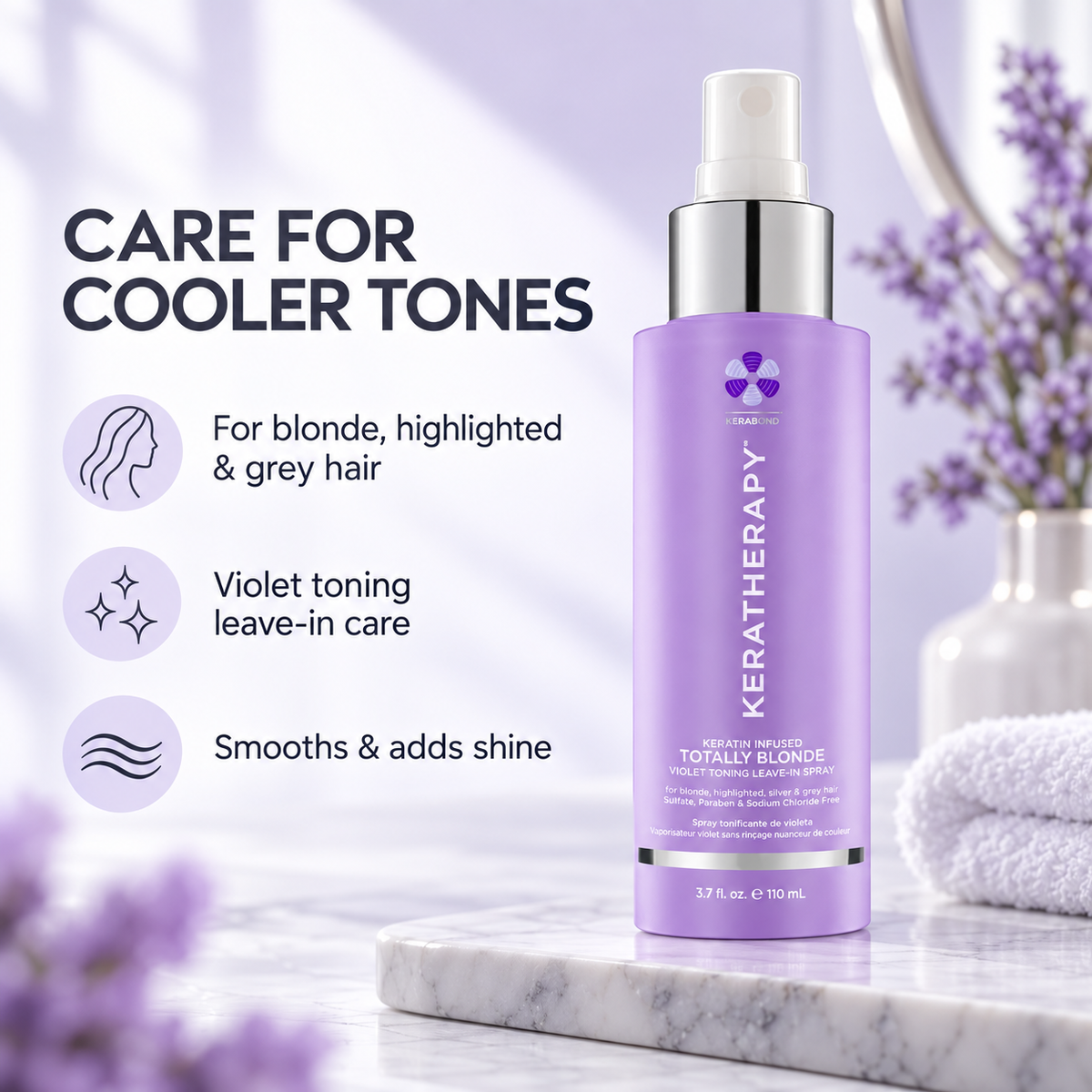 Keratherapy Totally Blonde Violet Toning Leave In Spray 110ml benefit graphic: For blonde, highlighted & grey hair; Violet toning leave-in care; Smooths & adds shine.