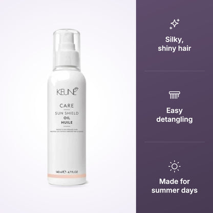 Keune Care Sun Shield Oil features: silky shiny hair, easy detangling, made for summer days