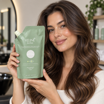 Keune So Pure Clarify Shampoo Refill 400ml — model and salon context