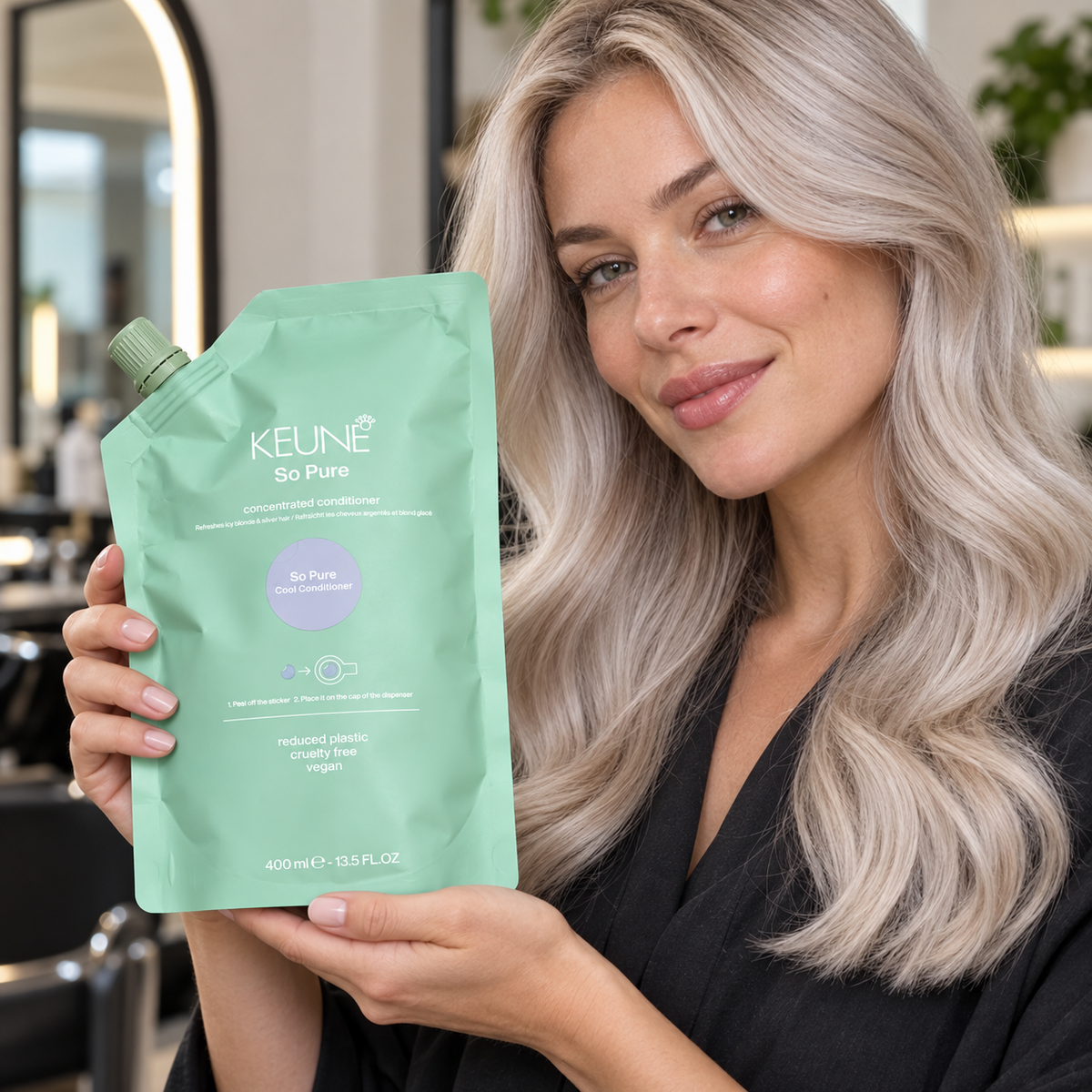 Keune So Pure Cool Conditioner 400ml — model and salon context