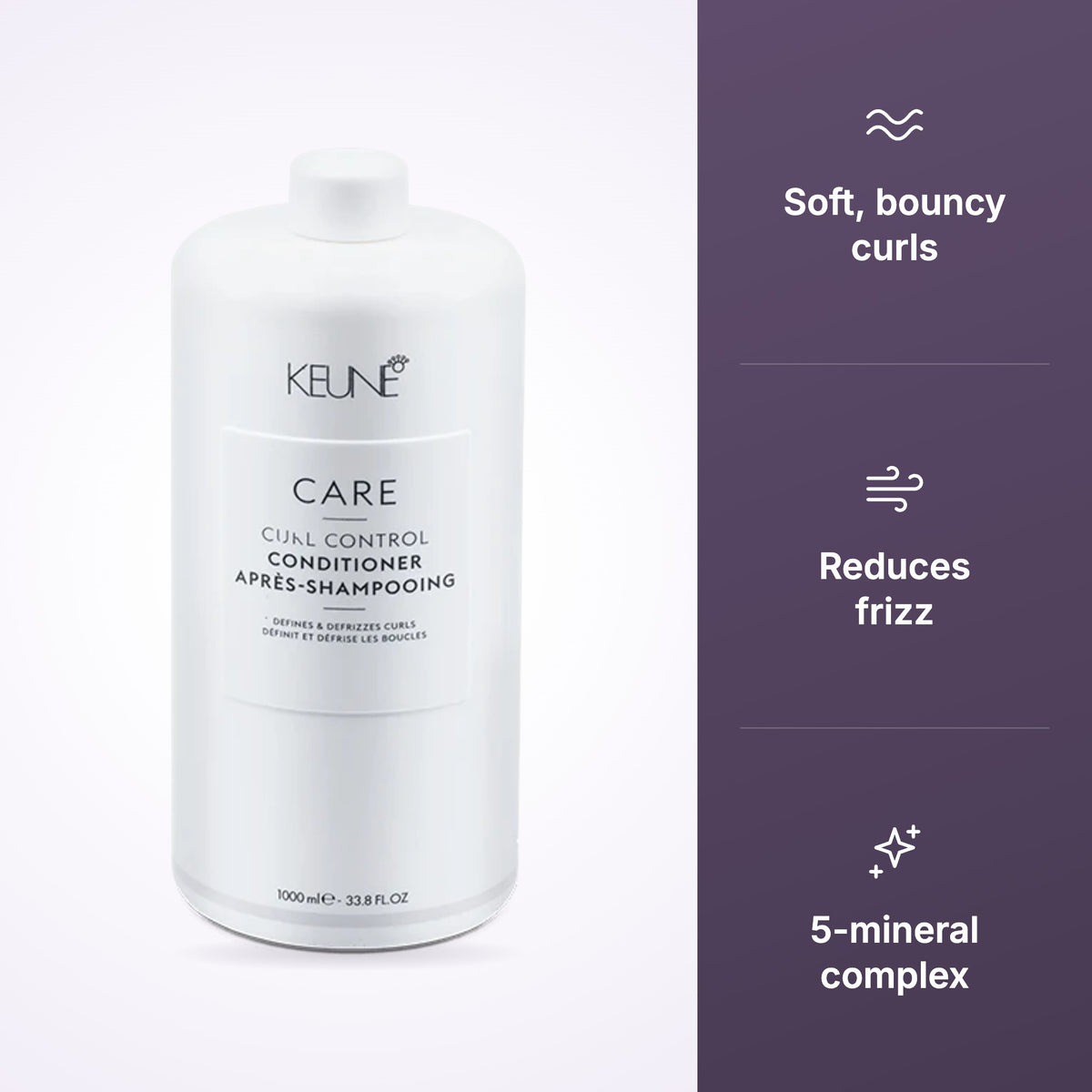 Keune Curl Control Conditioner features: soft bouncy curls, reduces frizz, 5-mineral complex