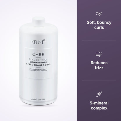 Keune Curl Control Conditioner features: soft bouncy curls, reduces frizz, 5-mineral complex