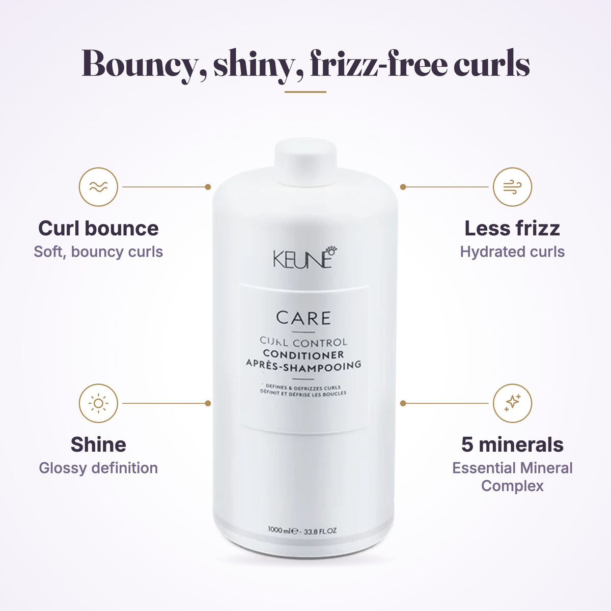 Keune Curl Control Conditioner infographic: curl bounce, less frizz, shine, 5 minerals