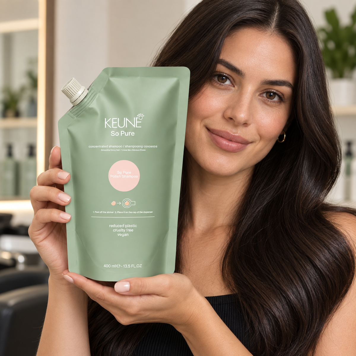 Keune So Pure Polish Shampoo Refill 400ml — model and salon context