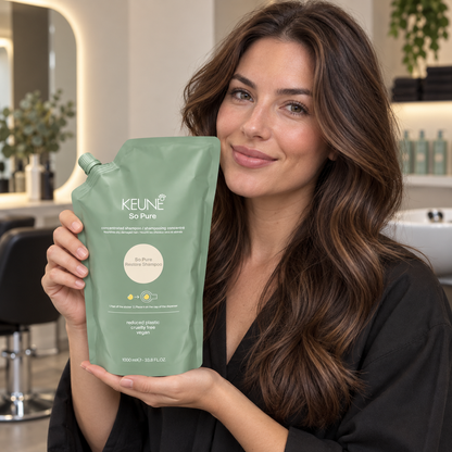 Keune So Pure Restore Shampoo Refill 1000ml — model and salon context