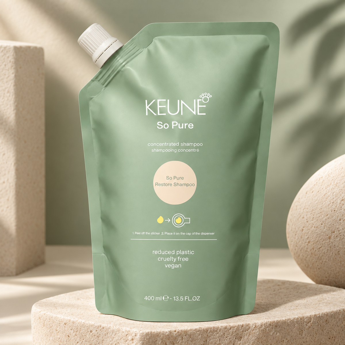 Keune So Pure Restore Shampoo Refill 400ml — studio product photograph