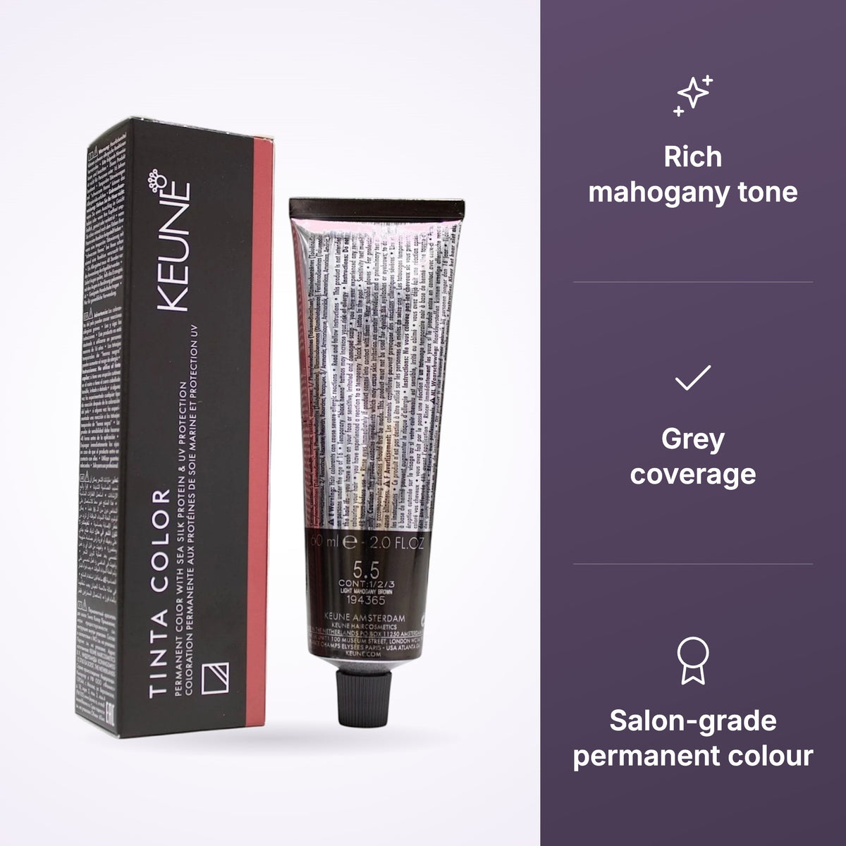 Keune Tinta Color 5.5 Light Mahogany Brown tube and box with feature panel: rich mahogany tone, grey coverage