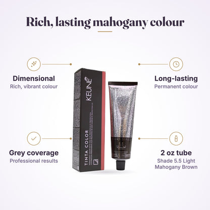 Keune Tinta Color 5.5 infographic: dimensional, long-lasting, grey coverage, 2 oz tube