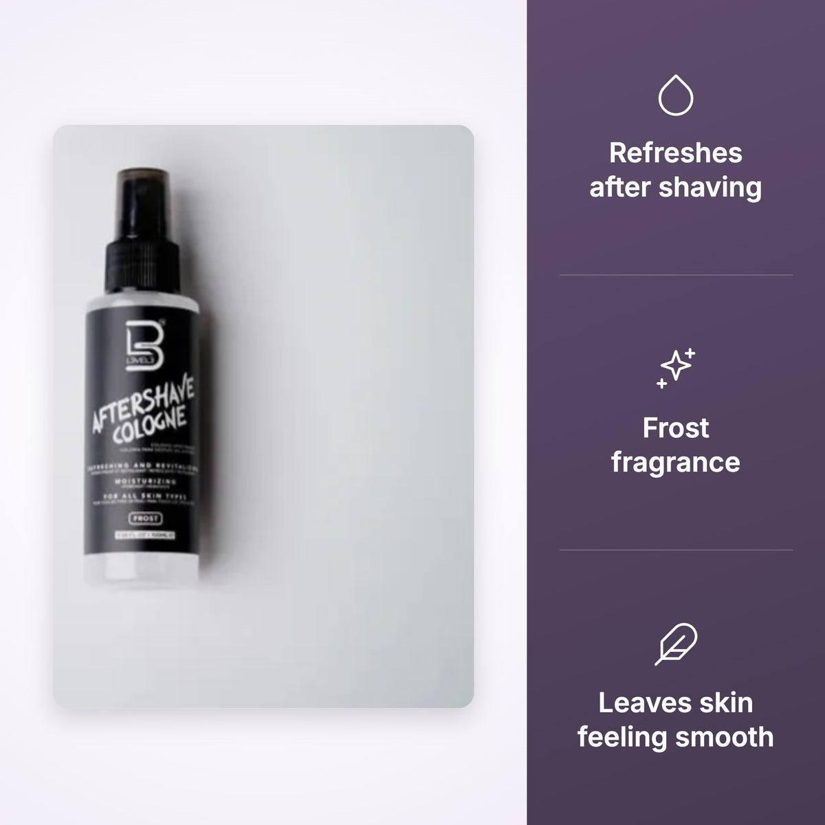 L3VEL3 Aftershave Cologne Frost 100ml key benefits infographic