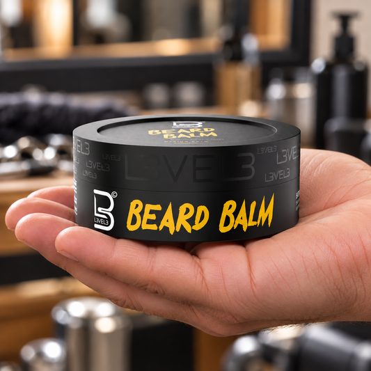 L3VEL3 Beard Balm 100ml closed jar supported in a hand