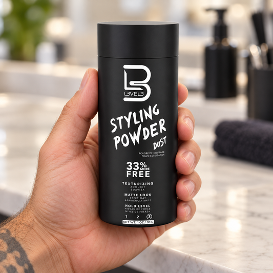 L3VEL3 Super Strong Styling Powder 30g held upright with the front label visible.
