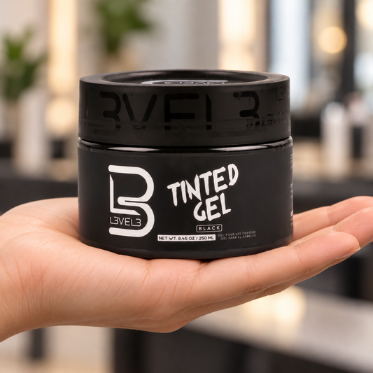 L3VEL3 Tinted Gel Black 250ml supported in a hand with the front label visible.
