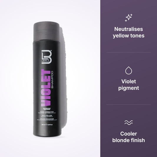 L3VEL3 Violet Shampoo 280ml key benefits infographic