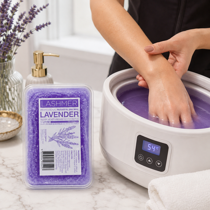 Lashmer Lavender Paraffin Wax used in a professional warming hand treatment
