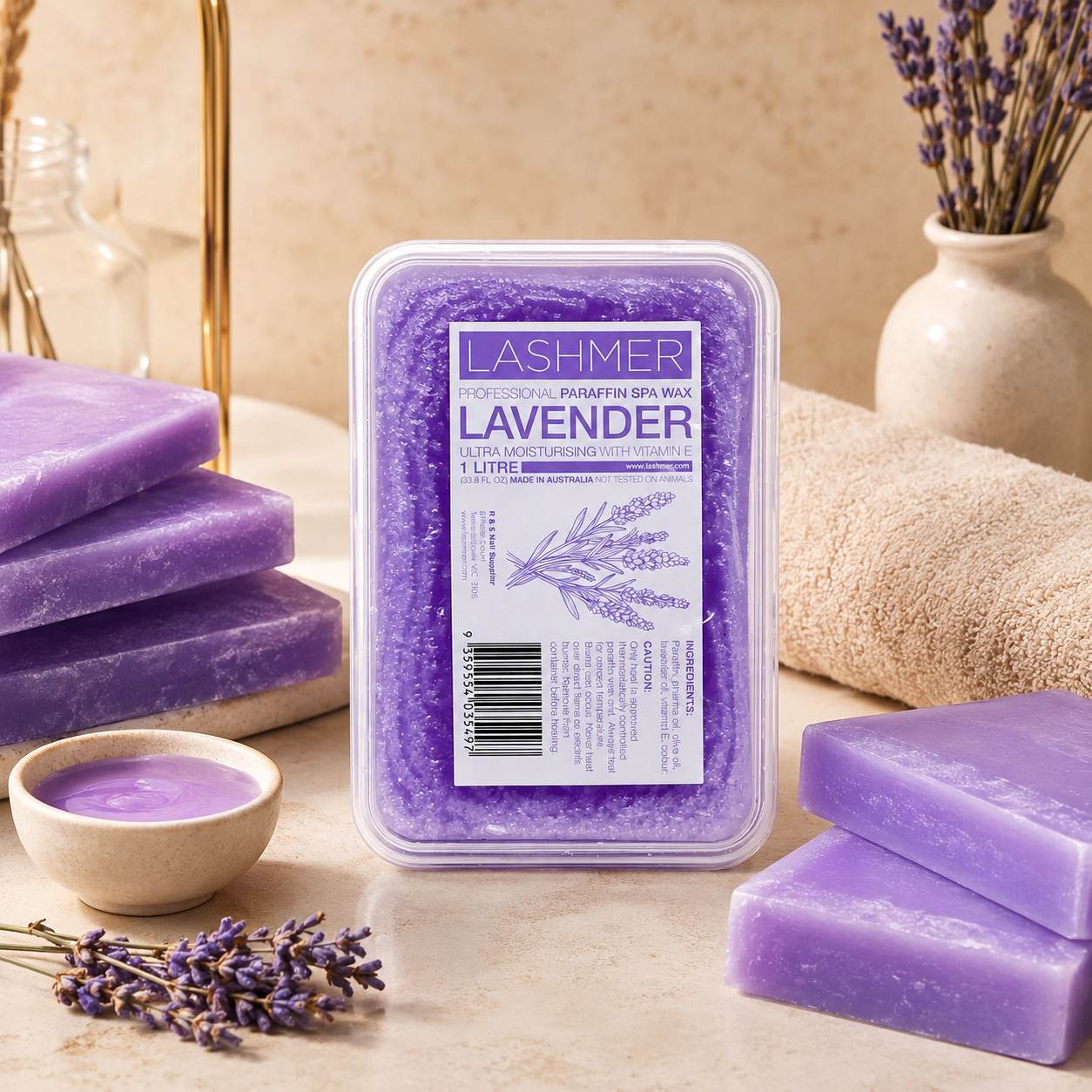 Lashmer Lavender Paraffin Wax blocks and melted wax treatment detail