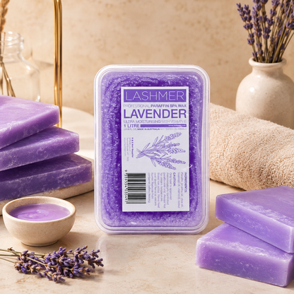 Lashmer Lavender Paraffin Wax blocks and melted wax treatment detail