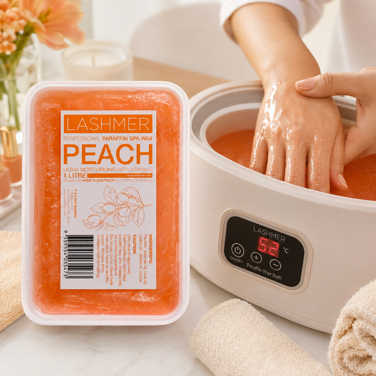 Lashmer Peach Paraffin Wax used in a professional warming hand treatment