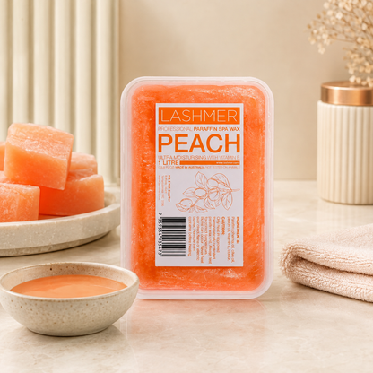 Lashmer Peach Paraffin Wax blocks and melted wax treatment detail