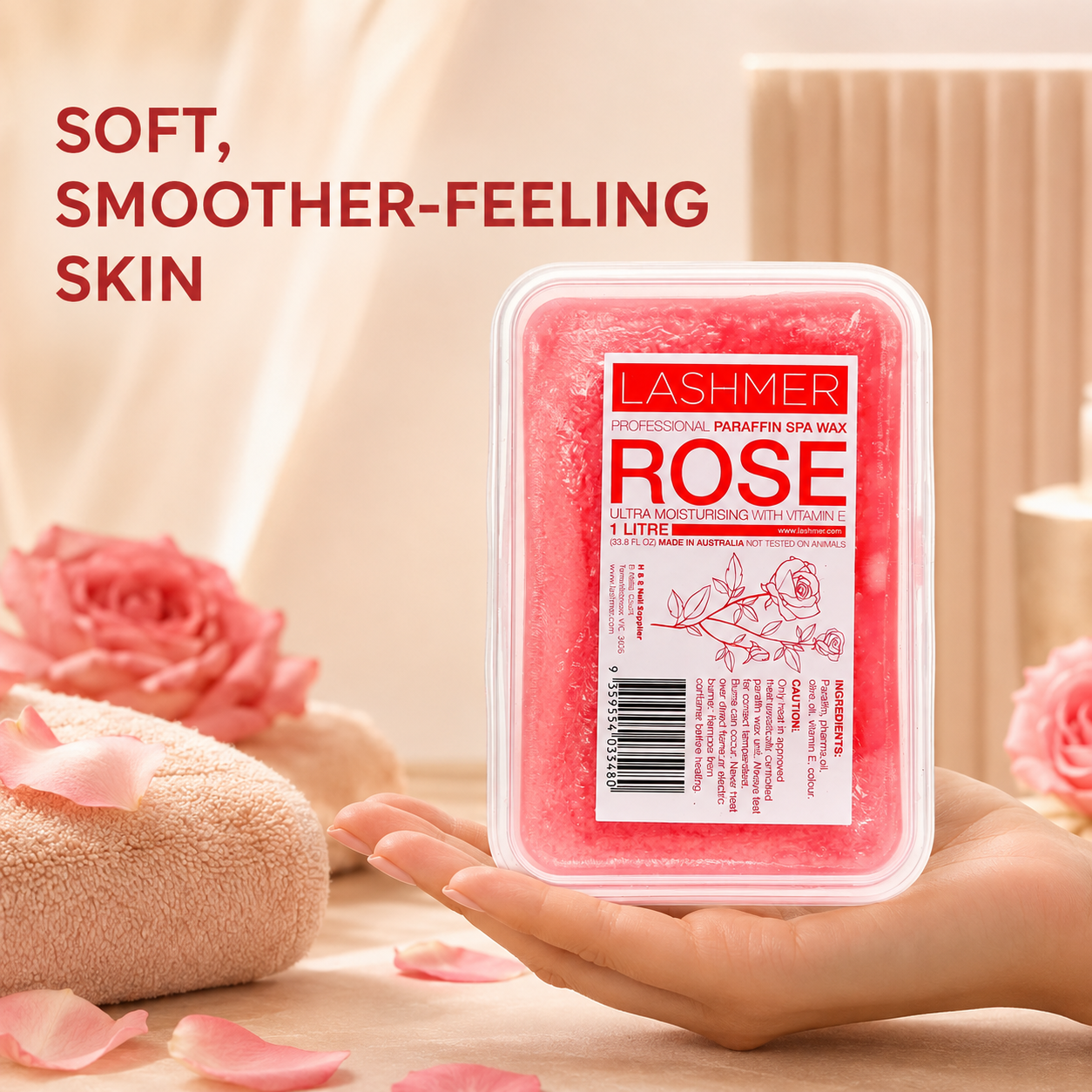 Lashmer Rose Paraffin Wax 1L for soft smoother-feeling skin