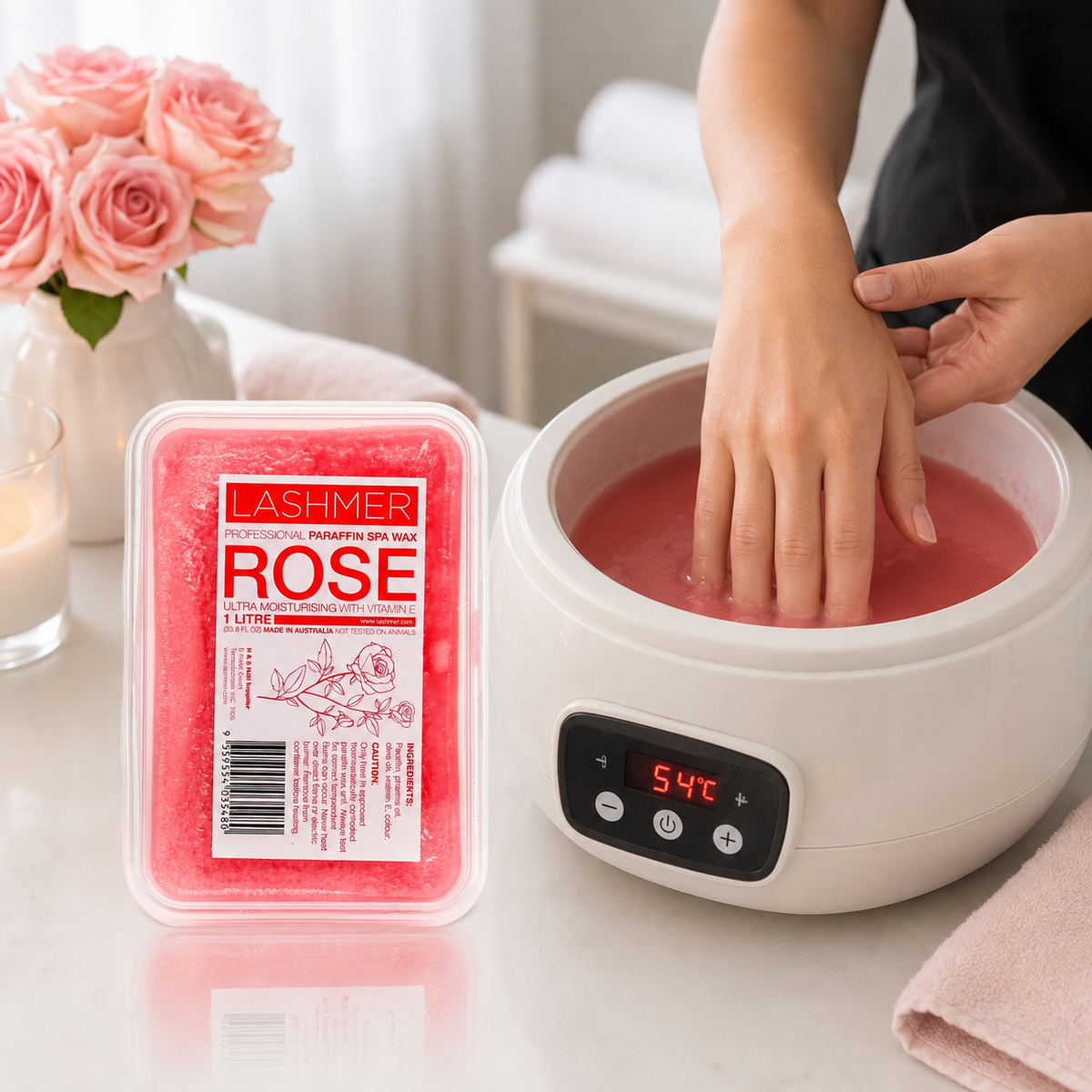 Lashmer Rose Paraffin Wax used in a professional warming hand treatment