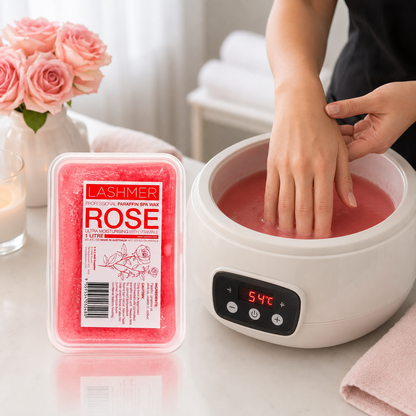 Lashmer Rose Paraffin Wax used in a professional warming hand treatment
