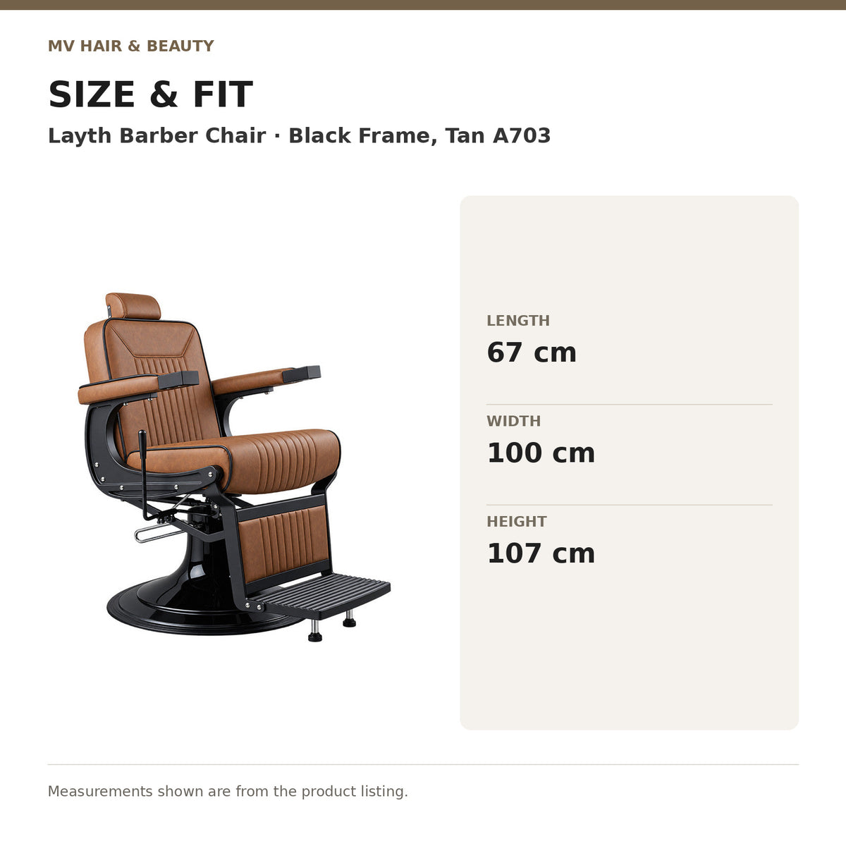 Layth Barber Chair – Black Frame, Tan A703 dimensions: Length: 67 cm; Width: 100 cm; Height: 107 cm