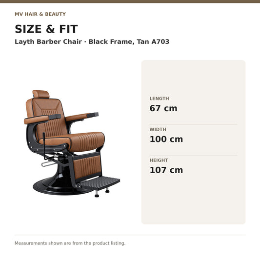 Layth Barber Chair – Black Frame, Tan A703 dimensions: Length: 67 cm; Width: 100 cm; Height: 107 cm