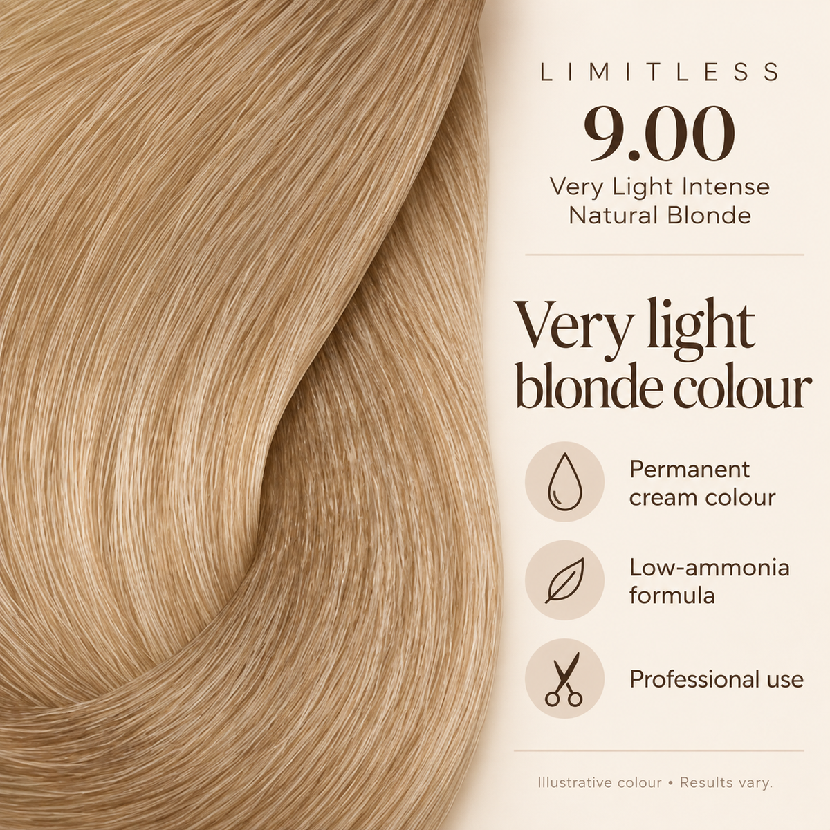 Limitless 9.00 Very Light Intense Natural Blonde 100ml key benefits graphic