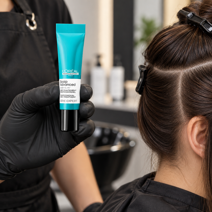 L’Oréal Scalp Advanced: Anti-discomfort lipid shield pre-treatment — model and salon context