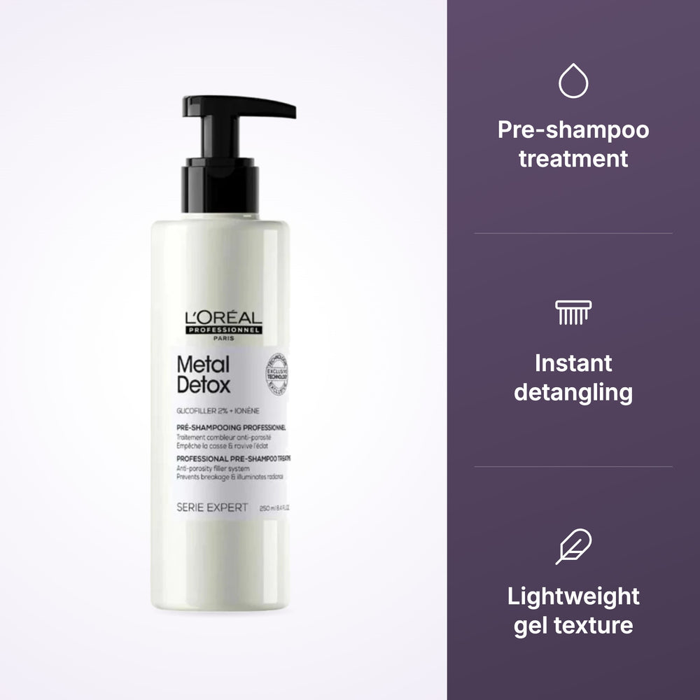 L'Oreal Serie Expert Metal Detox Pre Shampoo Treatment 250ml key benefits infographic