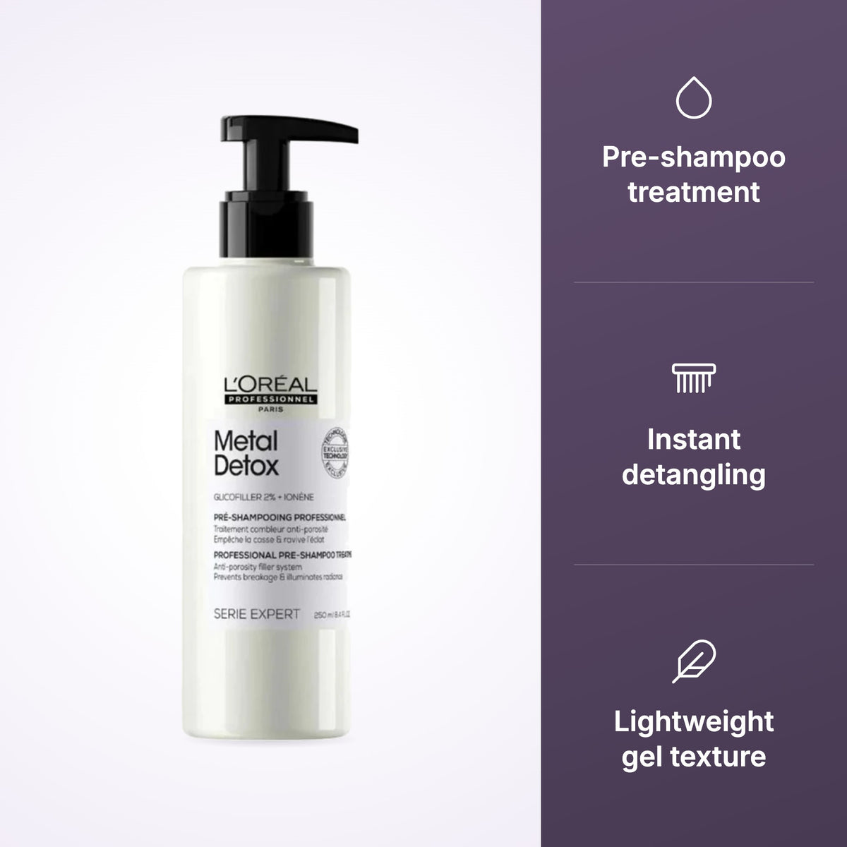 L'Oreal Serie Expert Metal Detox Pre Shampoo Treatment 250ml key benefits infographic