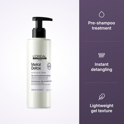 L'Oreal Serie Expert Metal Detox Pre Shampoo Treatment 250ml key benefits infographic