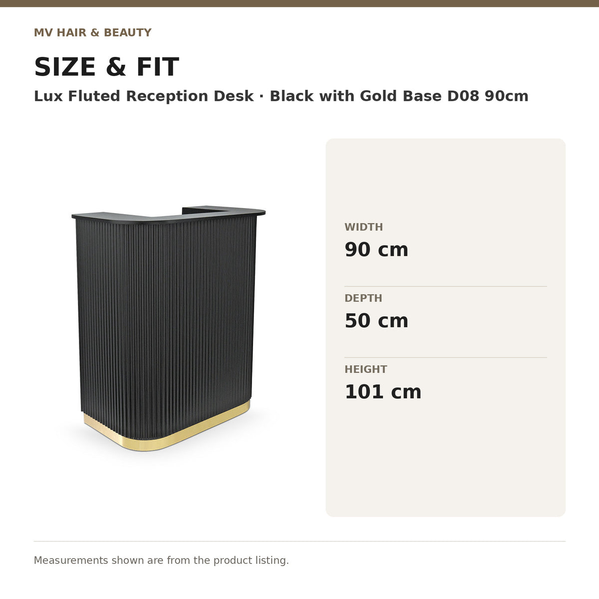 Lux Fluted Reception Desk – Black with Gold Base D08 90cm dimensions: Width: 90 cm; Depth: 50 cm; Height: 101 cm