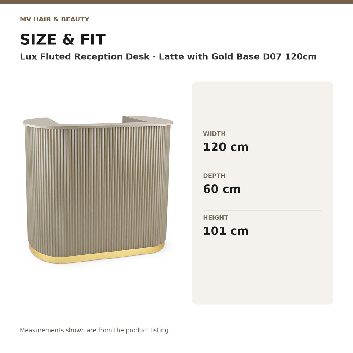Lux Fluted Reception Desk – Latte with Gold Base D07 120cm dimensions: Width: 120 cm; Depth: 60 cm; Height: 101 cm