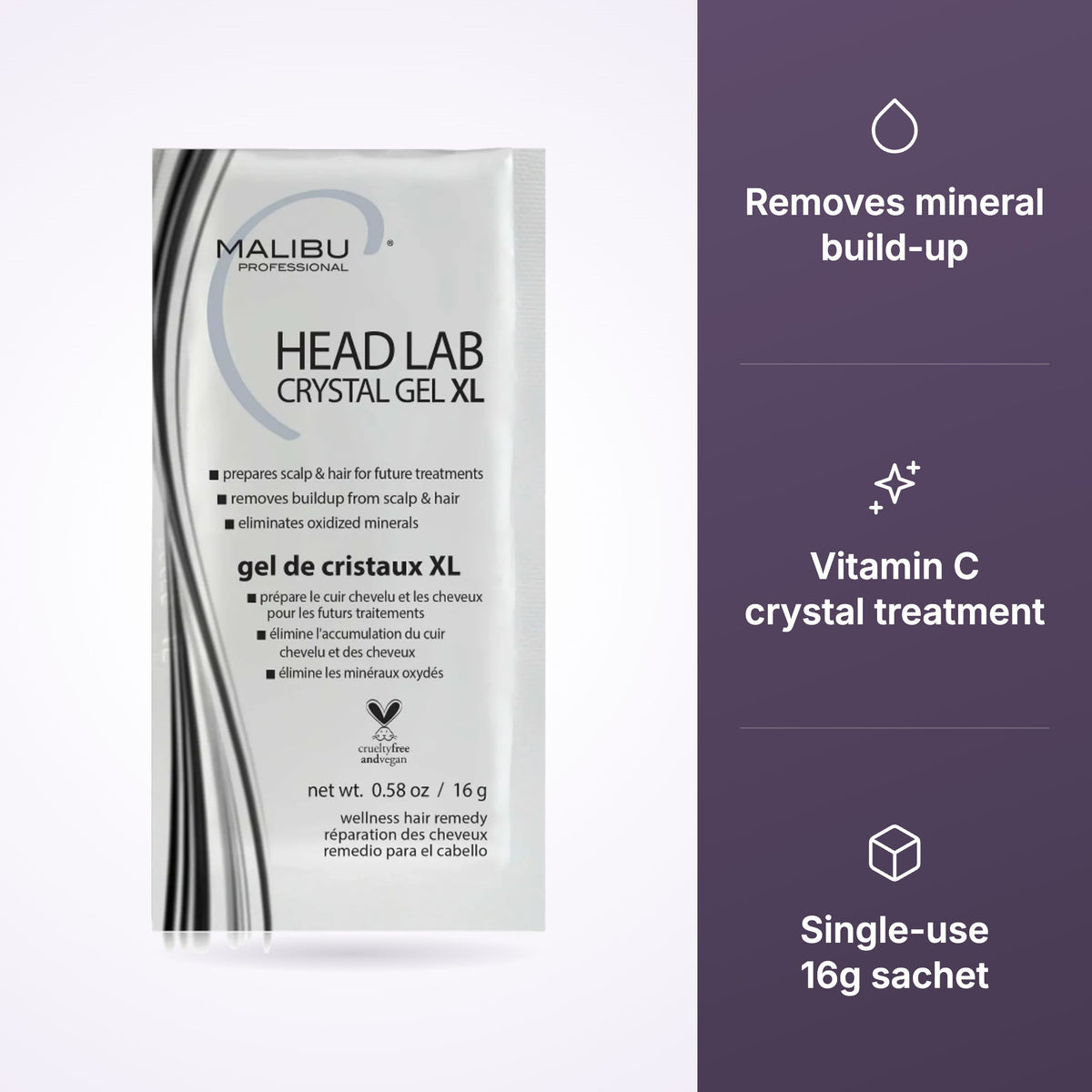 Malibu C Head Lab Crystal Gel XL Treatment 16g key benefits infographic