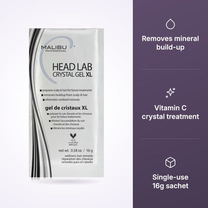 Malibu C Head Lab Crystal Gel XL Treatment 16g key benefits infographic