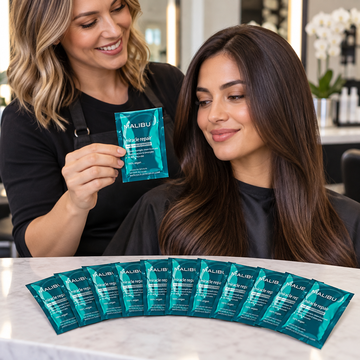 Malibu C Miracle Repair Reconstructor 12pcs — model and salon context