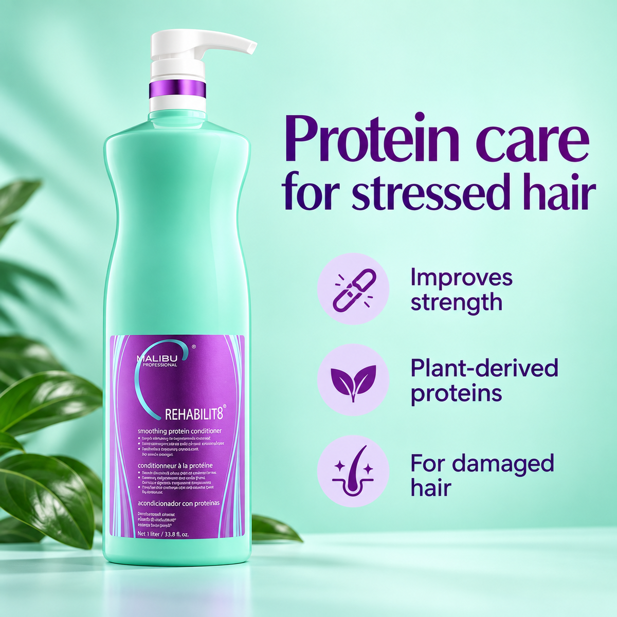 Malibu C Rehabilit8 Protein Conditioner 1L — key product benefits