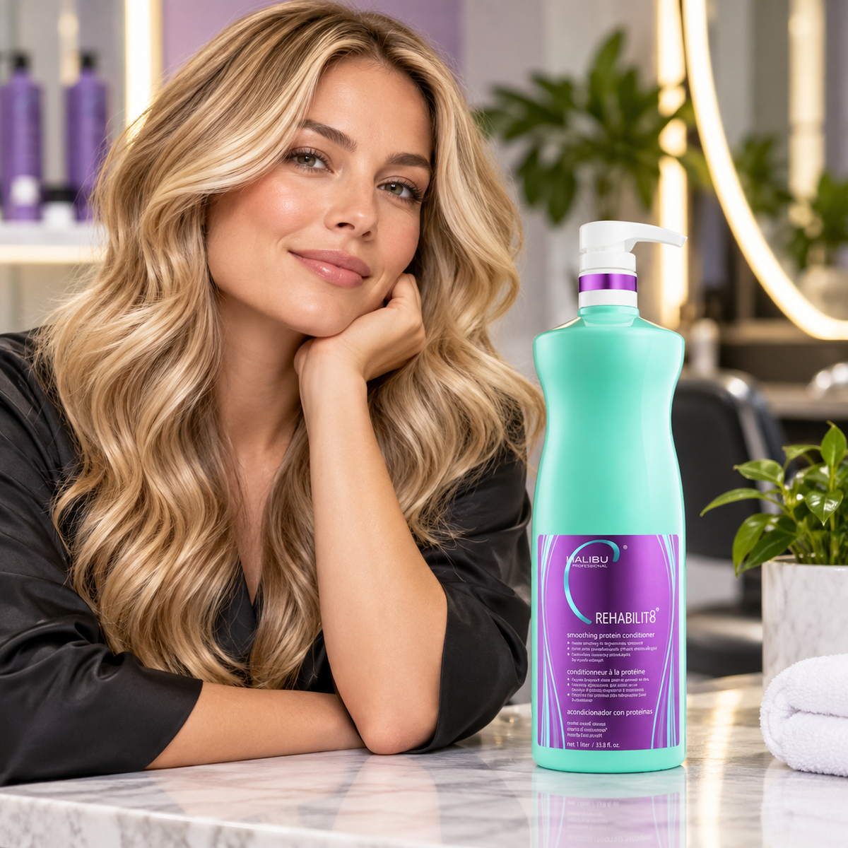 Malibu C Rehabilit8 Protein Conditioner 1L — model or professional use scene