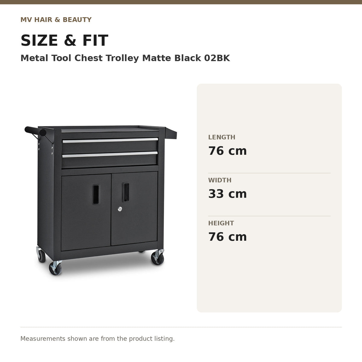 Metal Tool Chest Trolley Matte Black 02BK dimensions: Length: 76 cm; Width: 33 cm; Height: 76 cm