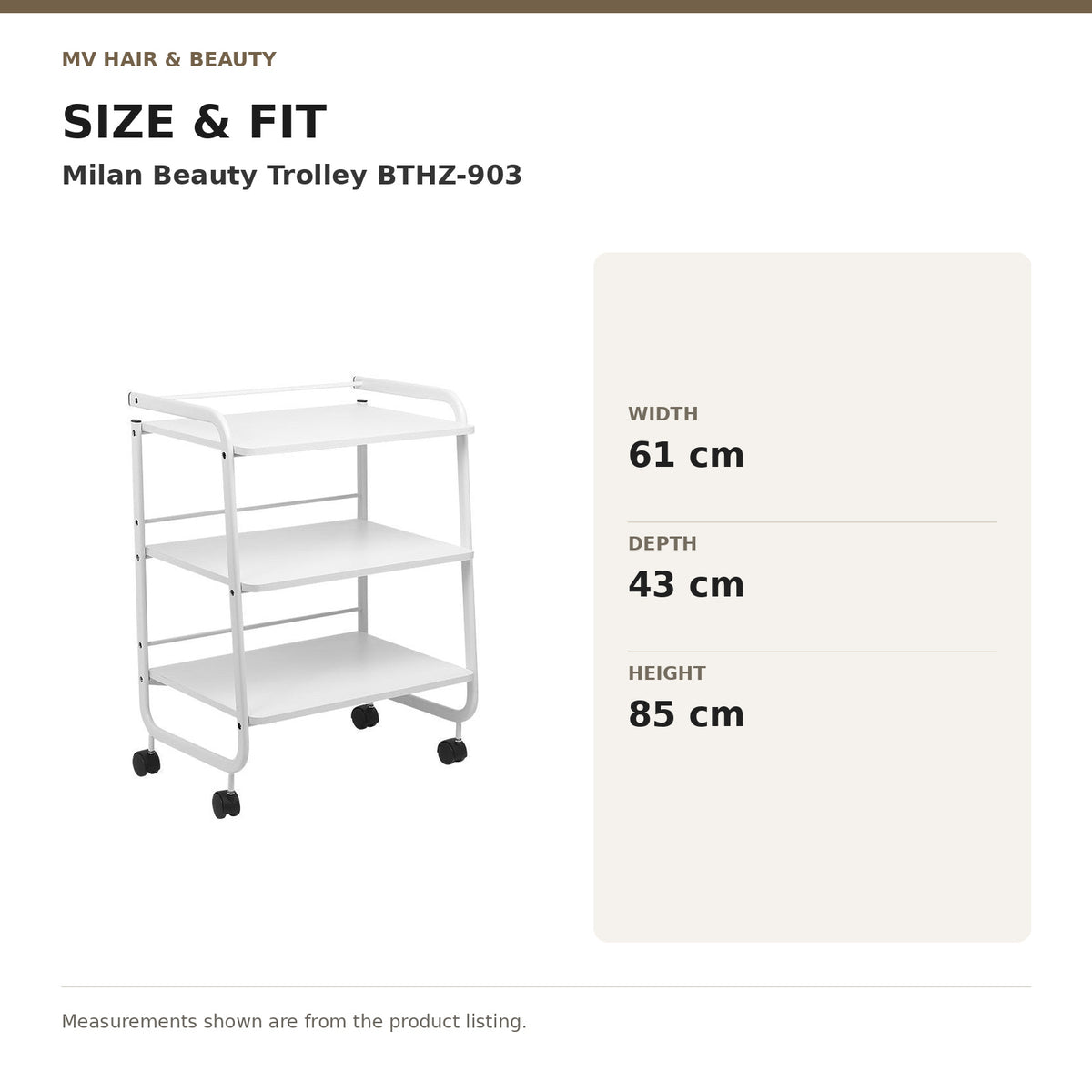 Milan Beauty Trolley BTHZ-903 dimensions: Width: 61 cm; Depth: 43 cm; Height: 85 cm