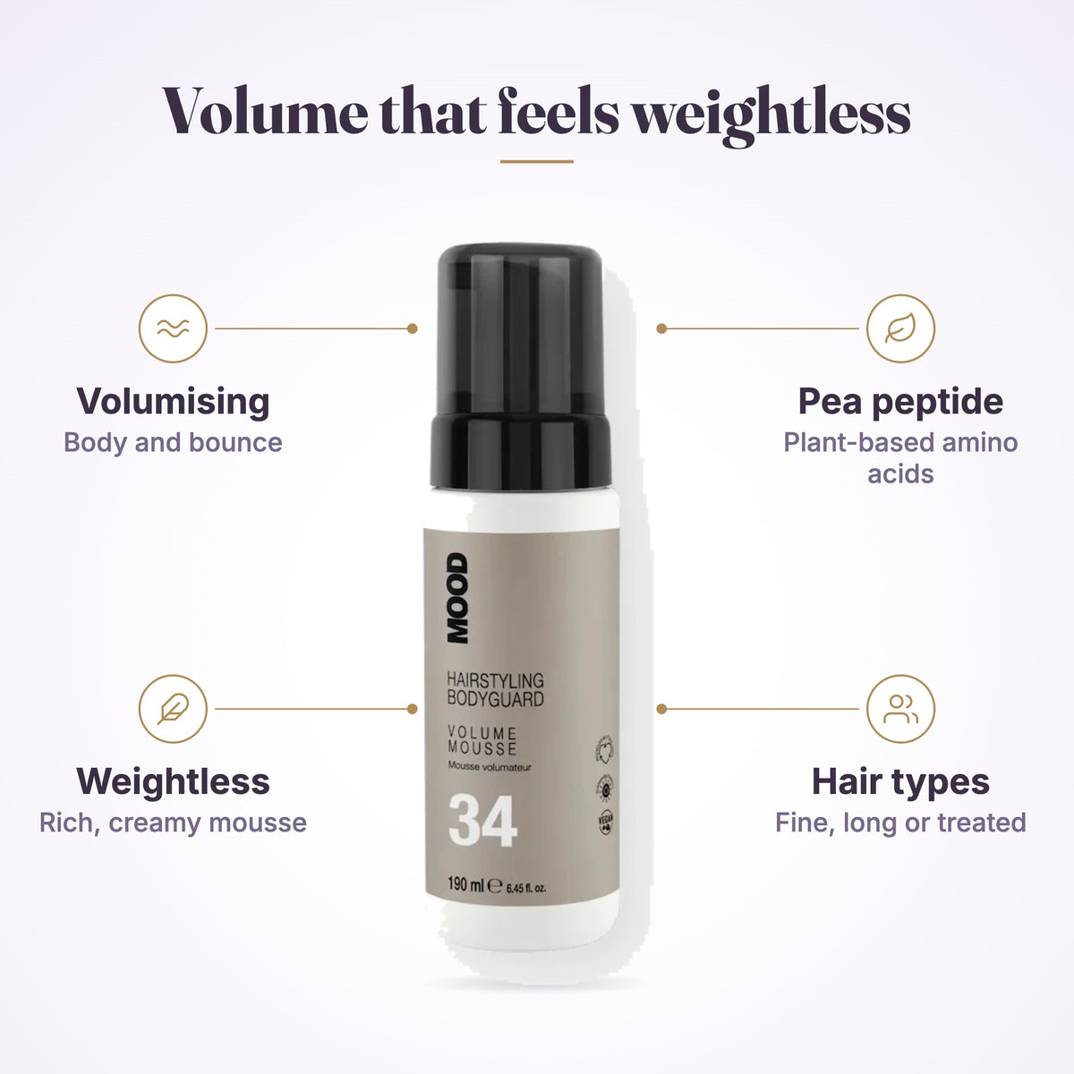 MOOD 34 Volume Mousse 200ml features infographic
