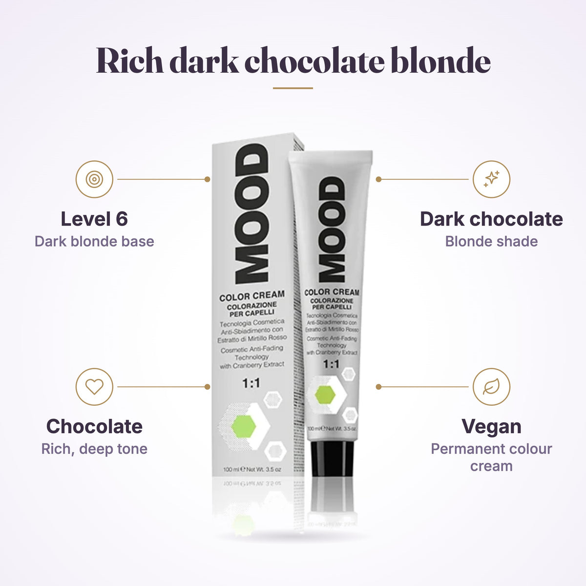 MOOD Color Cream 6.86 Dark Chocolate Blonde 100ml, key features graphic