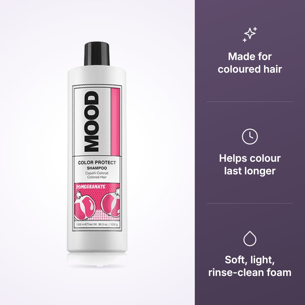 MOOD Color Protect shampoo with icons: made for coloured hair, helps colour last longer, soft light foam