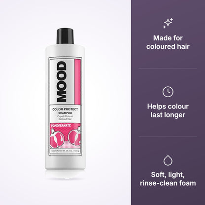 MOOD Color Protect shampoo with icons: made for coloured hair, helps colour last longer, soft light foam
